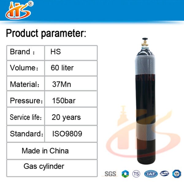 60L ISO9809-1 9M3 150bar 37MN Oxygen Tanks Gas Cylinders - Image 2