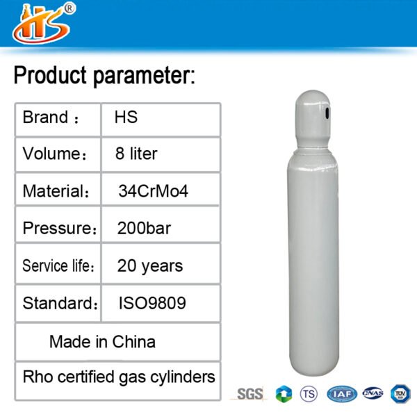 ISO TPED RHO 200bar 8L 34CrMo4 Oxygen Tanks Gas Bottle Medical Cylinders CO2 cyinder – Image 3